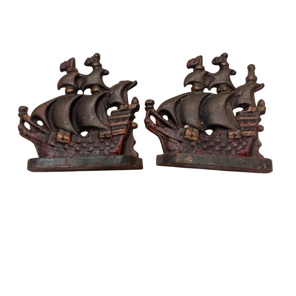 Vintage Cast Iron Pirate Ship Bookends Antique Nautical‎ Home Decor Set Of 2